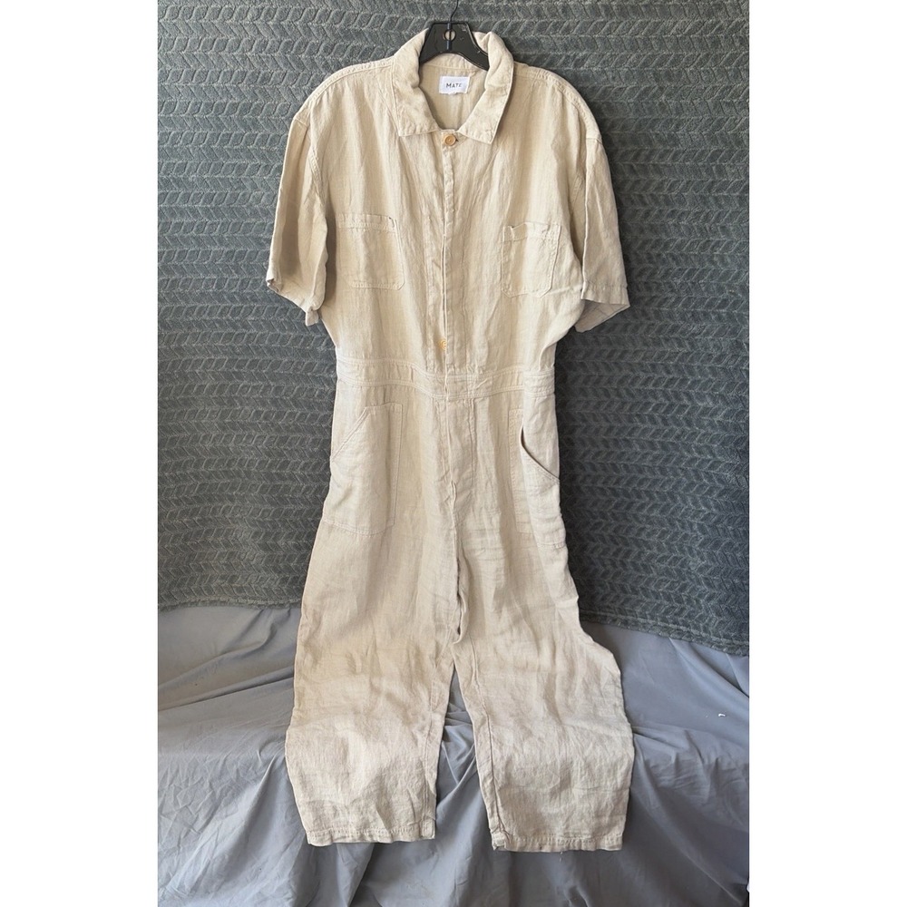 MATE the Label Jumpsuit Women XL Cream Linen Wide Leg Short Sleeve Utility